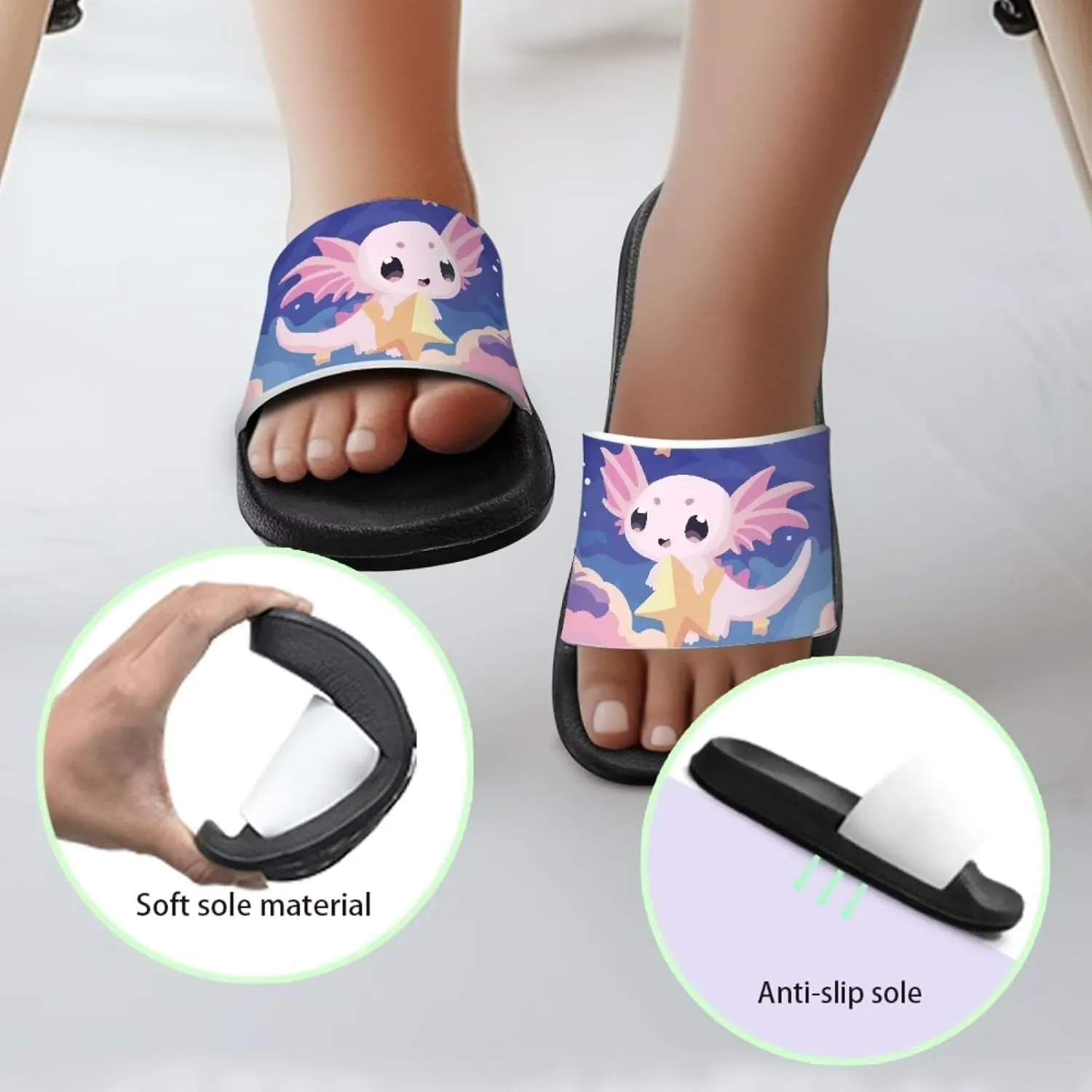 Axolotls Kids Sandals Summer Non Slip Open Toe Slippers for Boys Girls Cute Shower Beach Shoes Soft Footbed One Slide Sandal Lightweight Casual Outdoor Indoor Slipper