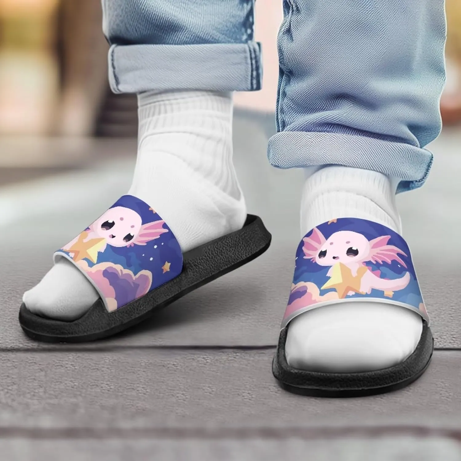 Axolotls Kids Sandals Summer Non Slip Open Toe Slippers for Boys Girls Cute Shower Beach Shoes Soft Footbed One Slide Sandal Lightweight Casual Outdoor Indoor Slipper