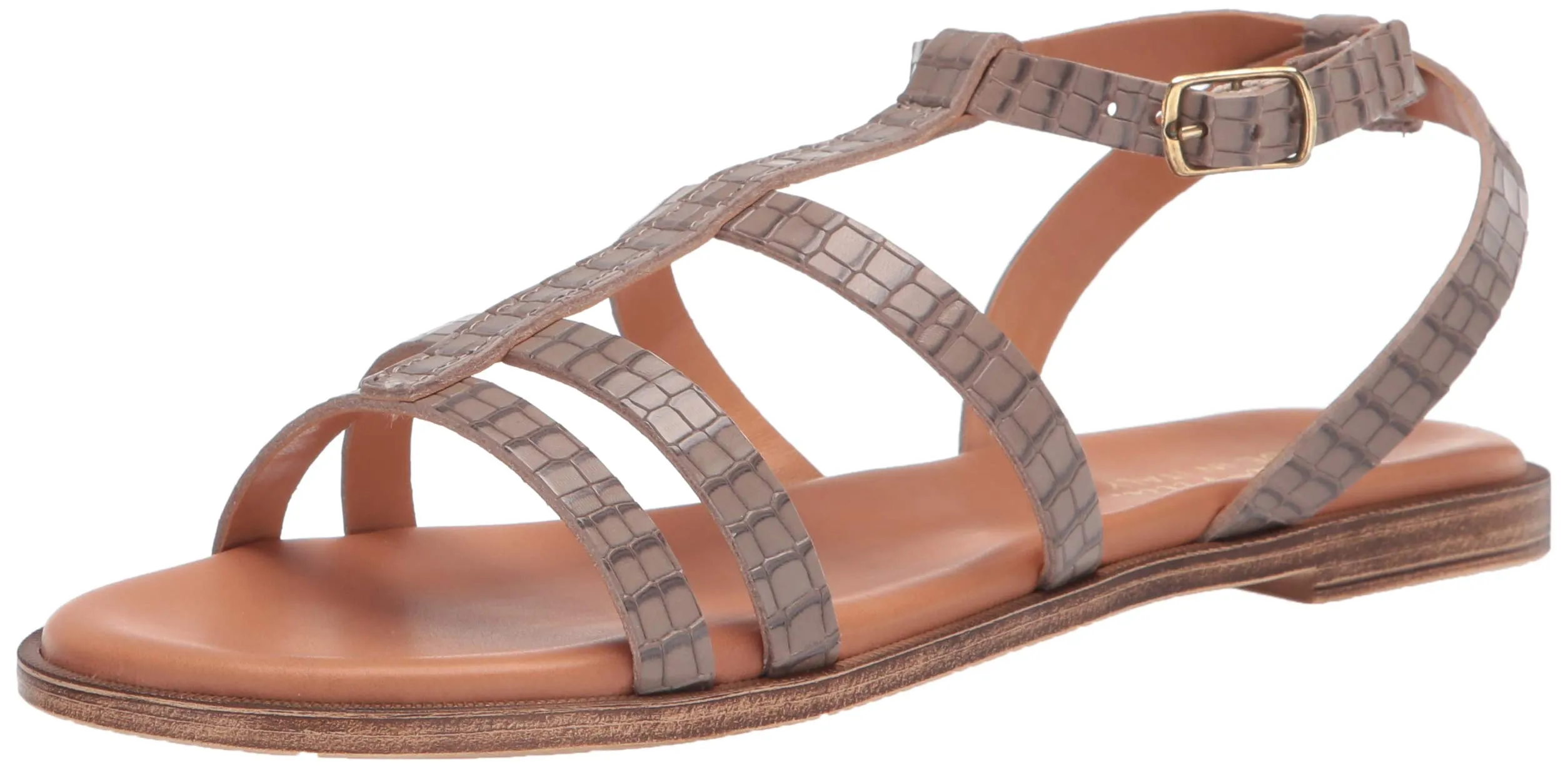 Bella Vita Made in Italy Women's Strappy Sandal Flat, Grey Croco Italian Leather, 11 Wide
