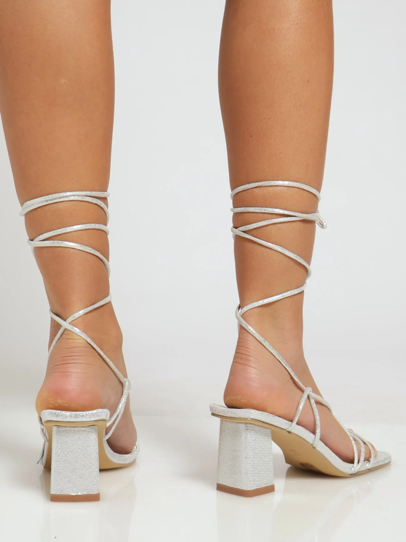Block Metallic Strappy Mule Heel With Ankle Tie - Silver