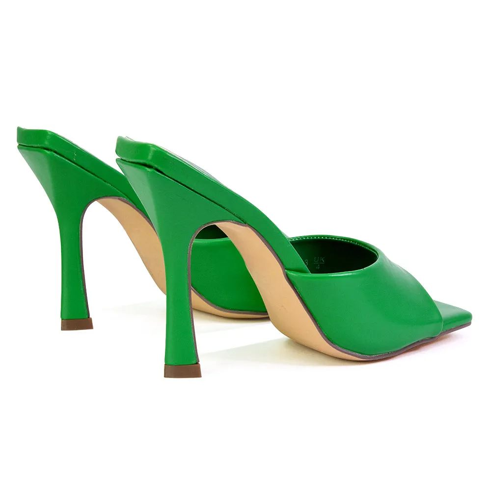 Carla Strappy Square Toe Stiletto High Heels Mule Sandals in Green
