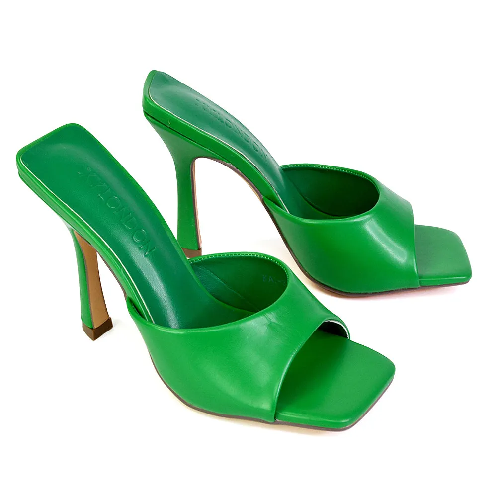 Carla Strappy Square Toe Stiletto High Heels Mule Sandals in Green