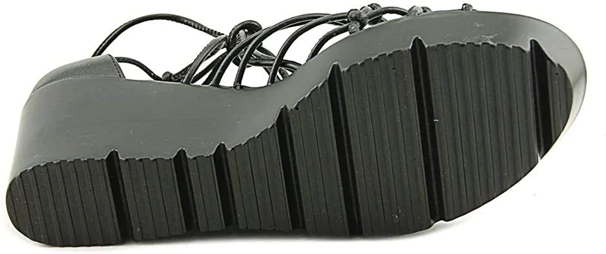 CHARLES DAVID Vegas Black Leather Strappy Low Platform Tie Up Wedge Sandals (Black Smooth, 6)
