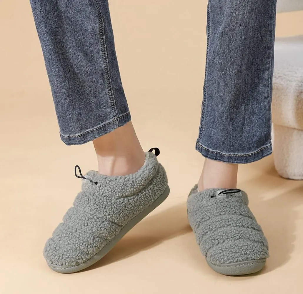 ChayChax Women Men Fuzzy Curly Loafer Slippers Memory Foam Adjustable Closed Back House Shoes with Fleece Lining for Indoor Outdoor