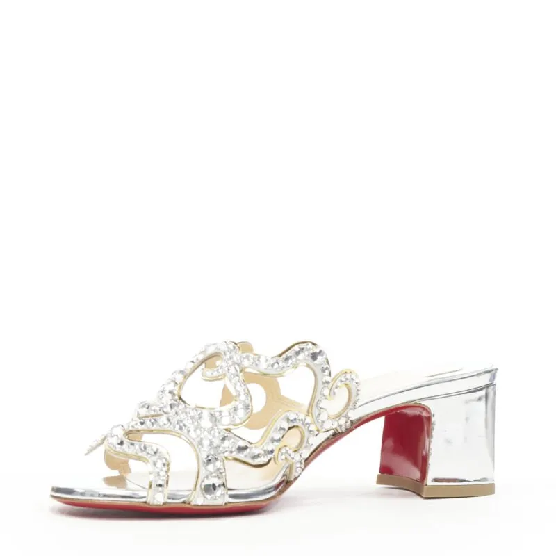 CHRISTIAN LOUBOUTIN Octostrass silver crystal strappy mid heel mule EU36