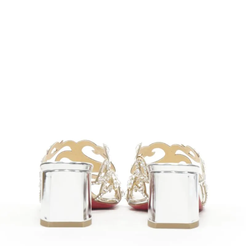 CHRISTIAN LOUBOUTIN Octostrass silver crystal strappy mid heel mule EU36