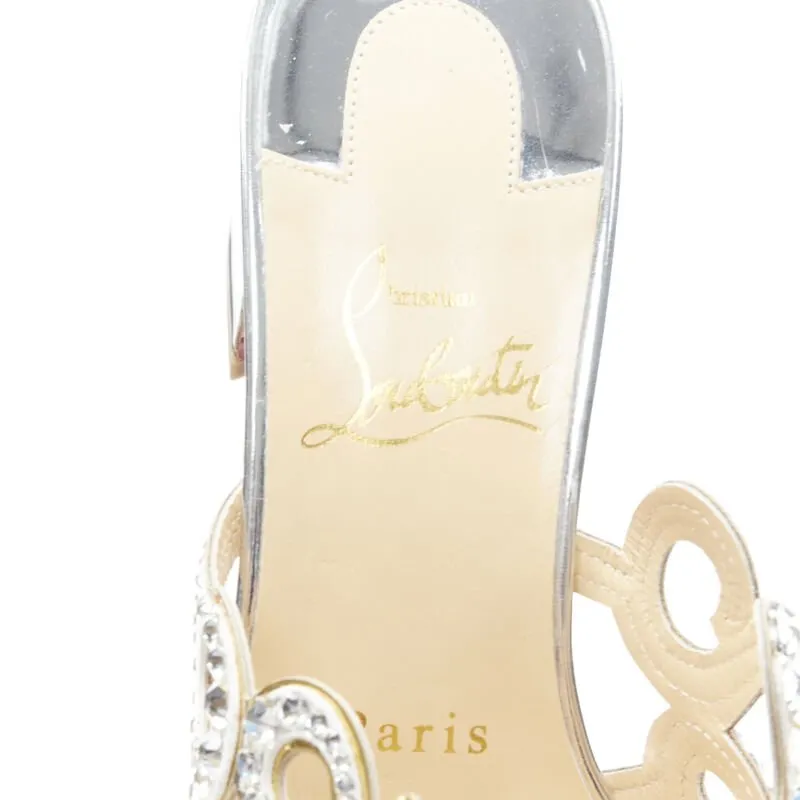 CHRISTIAN LOUBOUTIN Octostrass silver crystal strappy mid heel mule EU36