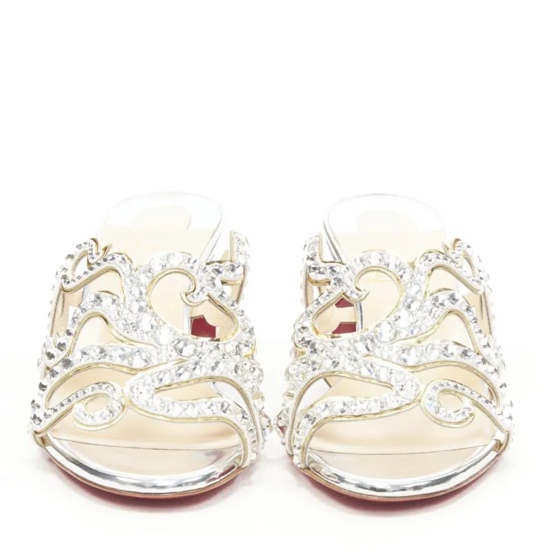 CHRISTIAN LOUBOUTIN Octostrass silver crystal strappy mid heel mule EU36