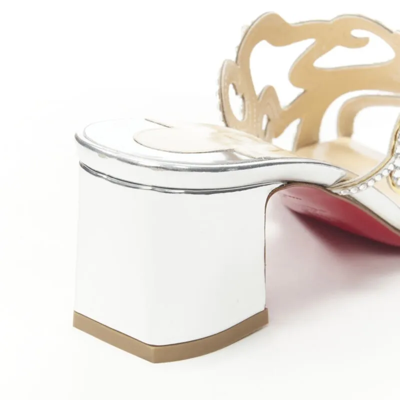 CHRISTIAN LOUBOUTIN Octostrass silver crystal strappy mid heel mule EU36
