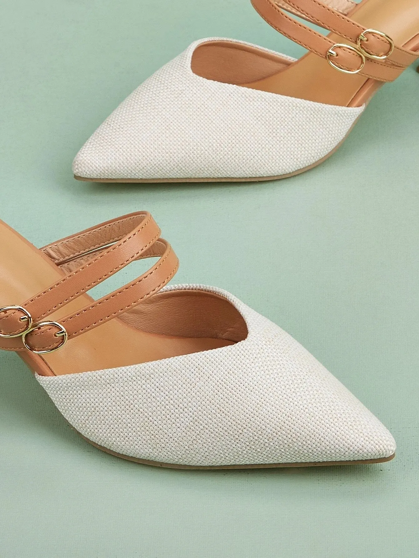 CM-SHS249418 Women Trendy Seoul Style Buckle Detail Kitten Heeled Mule Pumps - Beige