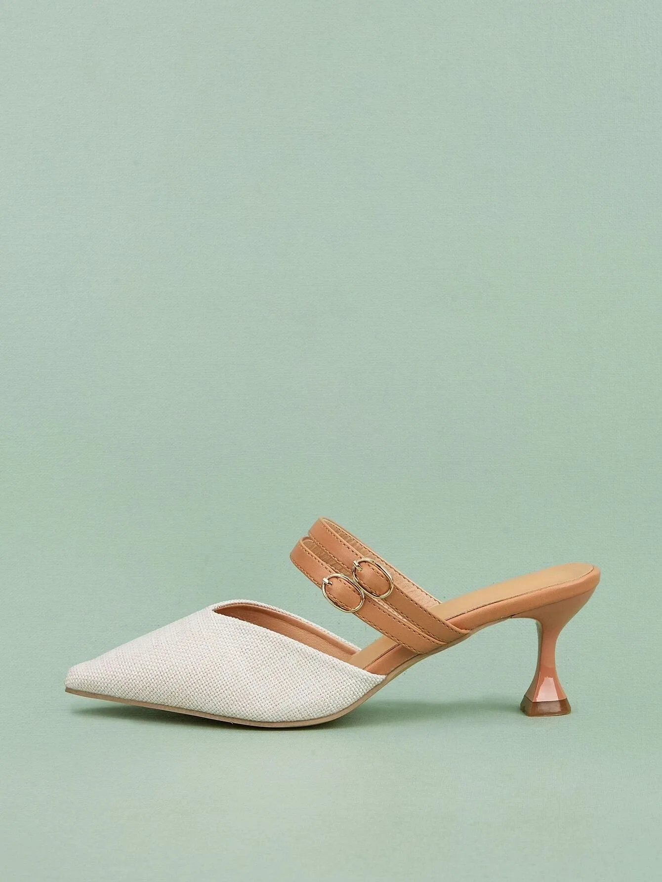 CM-SHS249418 Women Trendy Seoul Style Buckle Detail Kitten Heeled Mule Pumps - Beige