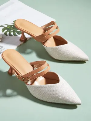 CM-SHS249418 Women Trendy Seoul Style Buckle Detail Kitten Heeled Mule Pumps - Beige