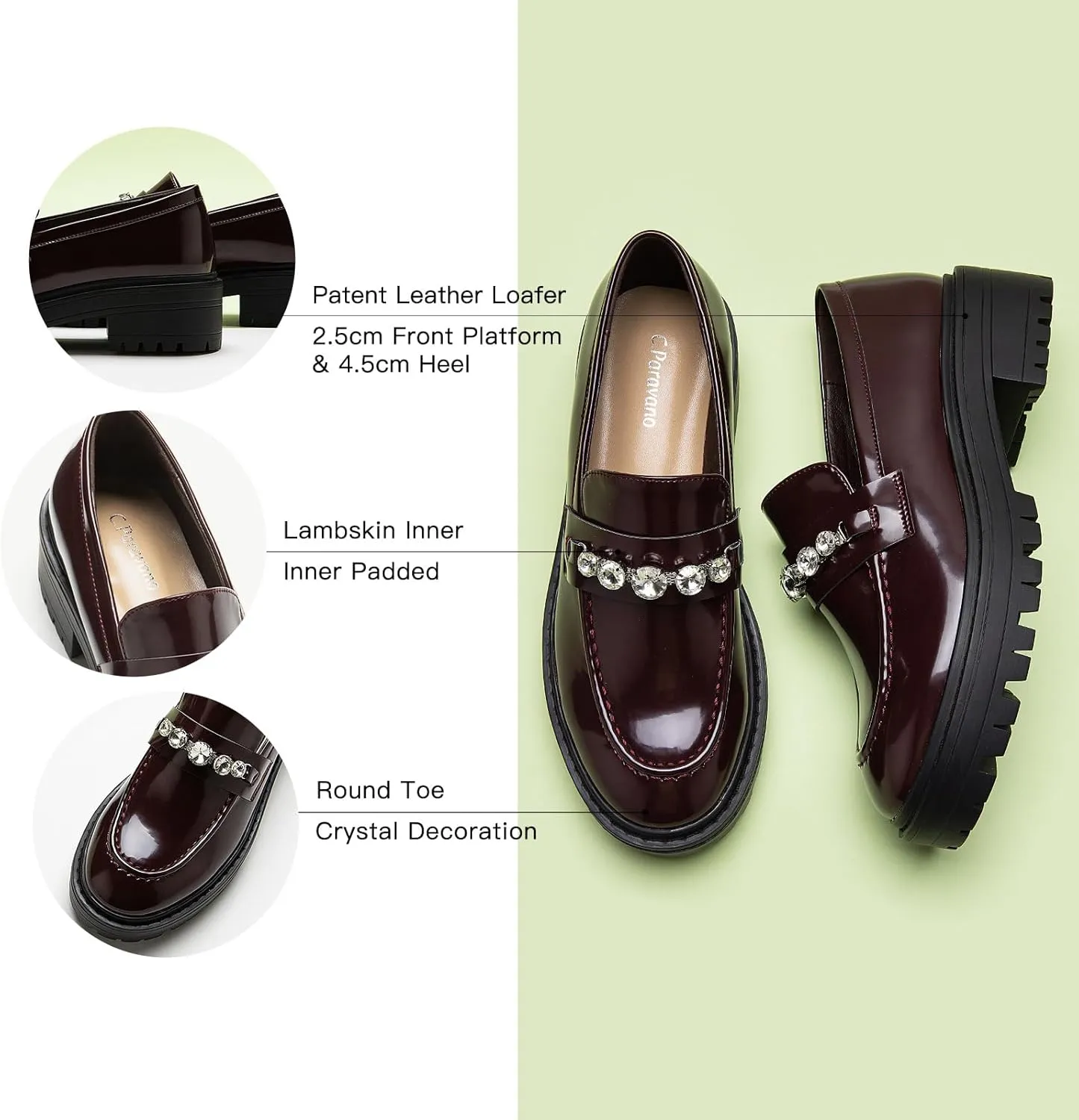 C.Paravano Chunky Loafers for Women: Comfortable Platform Loafers with Lug Sole in Black, Exquisite Print