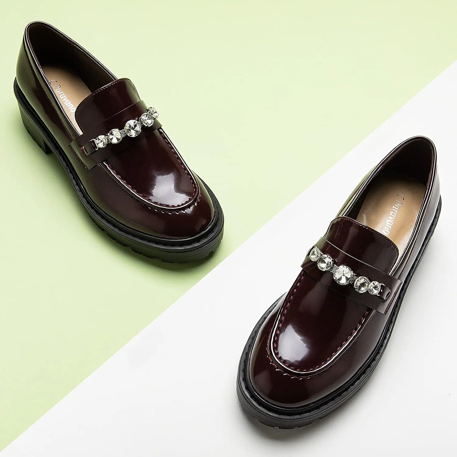 C.Paravano Chunky Loafers for Women: Comfortable Platform Loafers with Lug Sole in Black, Exquisite Print