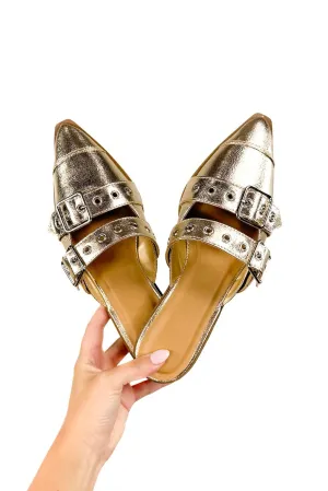 Cross Your Mind Slip on Mules in Gold