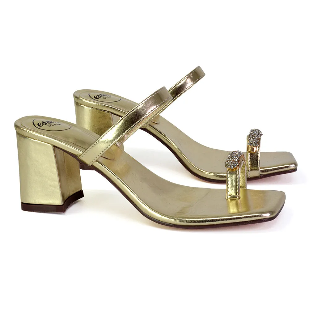 Daiquiri Double Strap Square Toe Ring Block Heel Sandals in Fuchsia