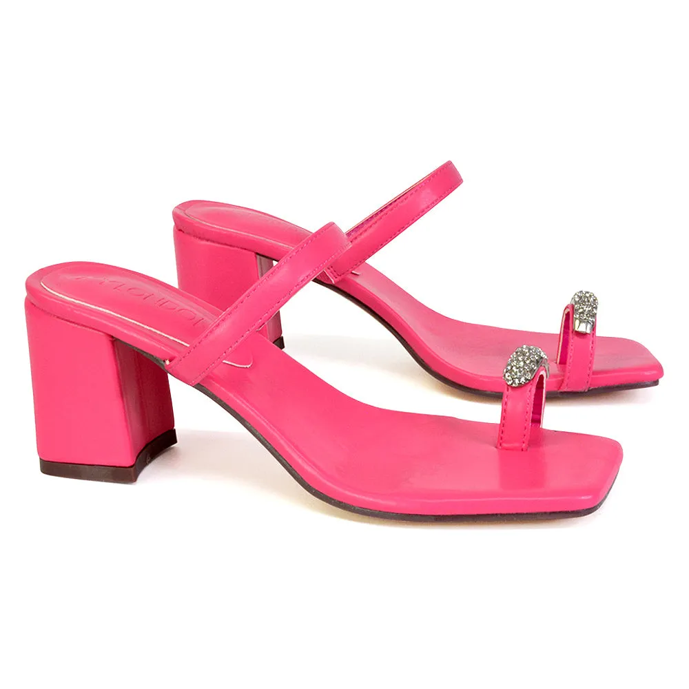 Daiquiri Double Strap Square Toe Ring Block Heel Sandals in Fuchsia