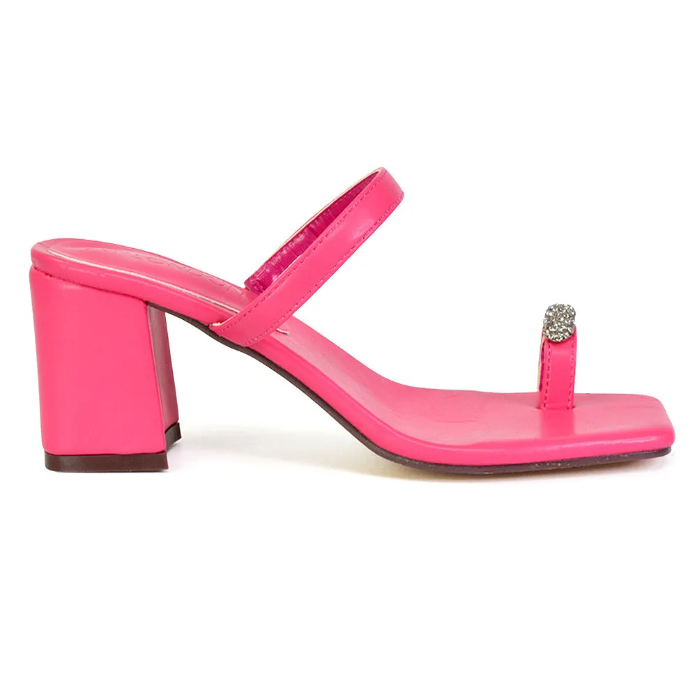 Daiquiri Double Strap Square Toe Ring Block Heel Sandals in Fuchsia