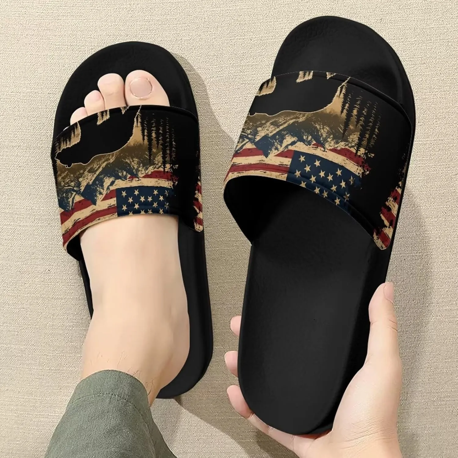 Doojoayie Flag Pattern Summer Slippers for Women Outdoor Open Toe Slide Sandals