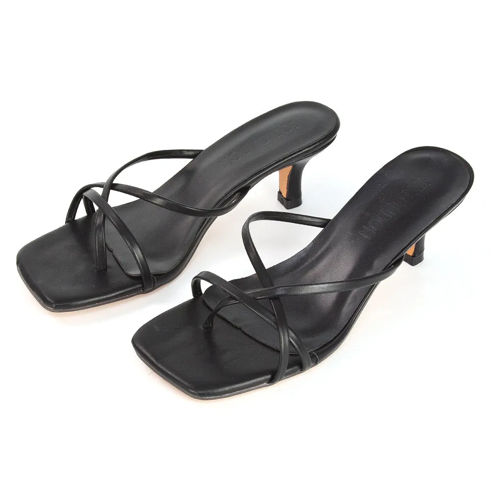 Dream Strappy Square Toe Post Low Stiletto Kitten High Heel Slip on Mule Sandals in Black