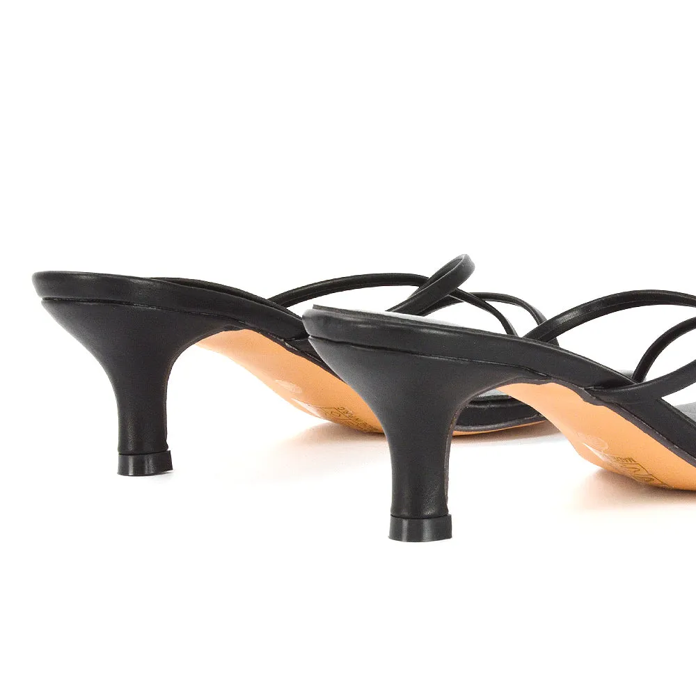 Dream Strappy Square Toe Post Low Stiletto Kitten High Heel Slip on Mule Sandals in Black
