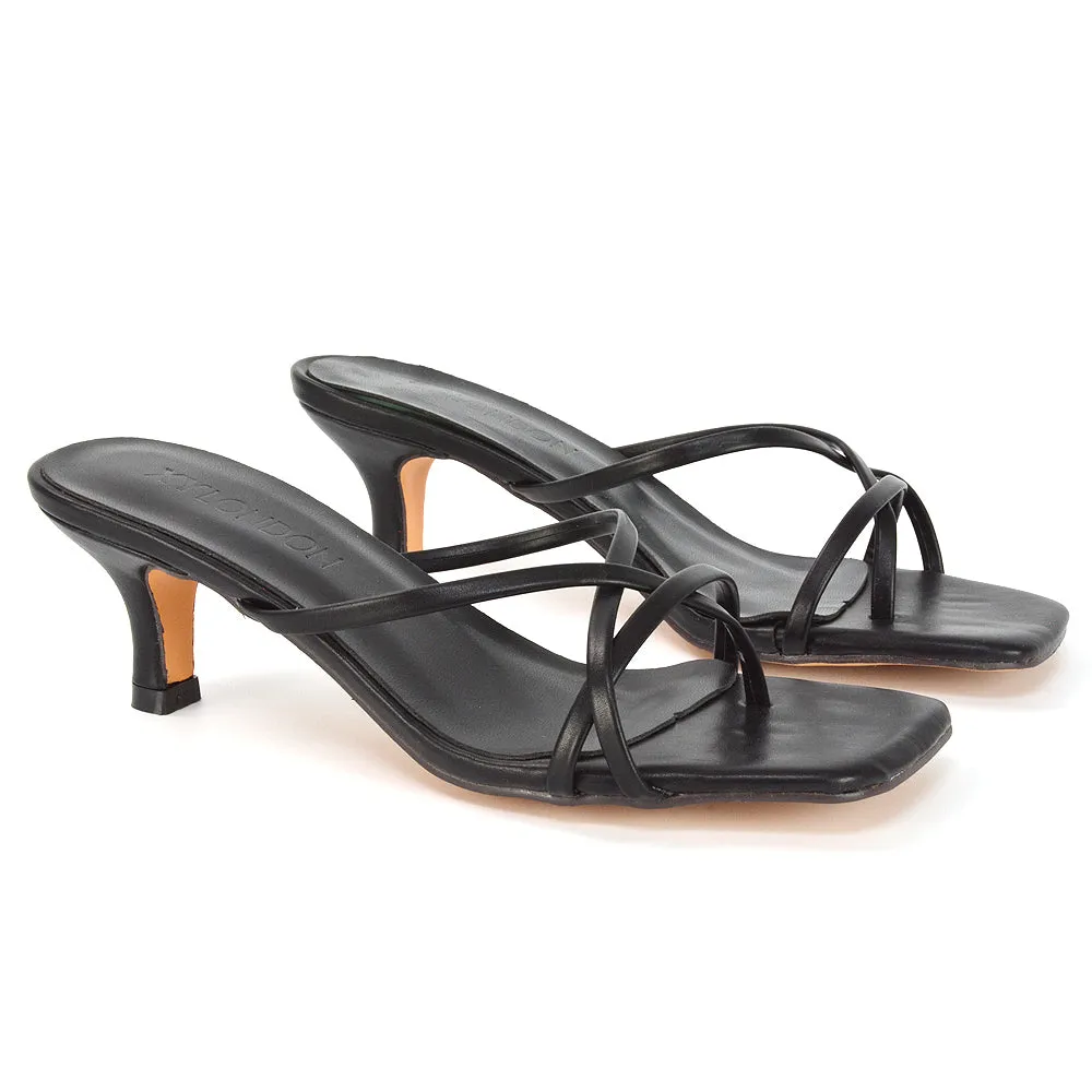 Dream Strappy Square Toe Post Low Stiletto Kitten High Heel Slip on Mule Sandals in Black