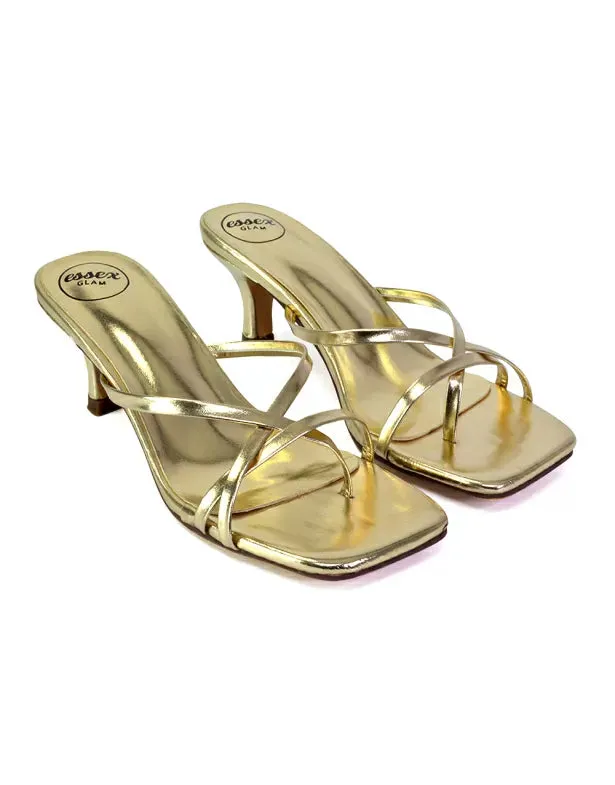 Dream Strappy Square Toe Post Low Stiletto Kitten High Heel Slip on Mule Sandals in Gold