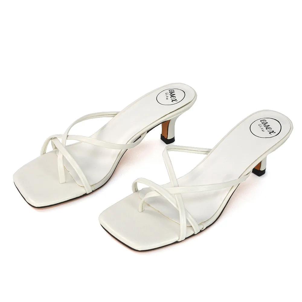Dream Strappy Square Toe Post Low Stiletto Kitten High Heel Slip on Mule Sandals in White
