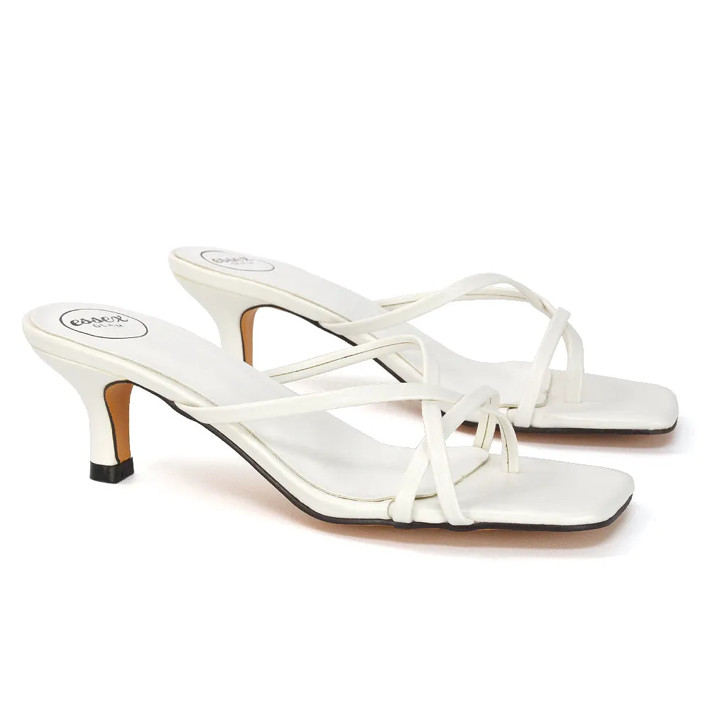 Dream Strappy Square Toe Post Low Stiletto Kitten High Heel Slip on Mule Sandals in White