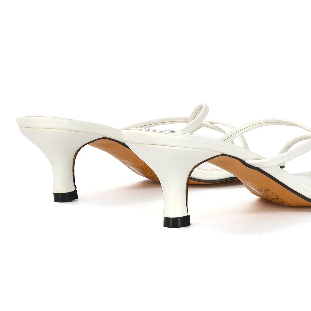 Dream Strappy Square Toe Post Low Stiletto Kitten High Heel Slip on Mule Sandals in White