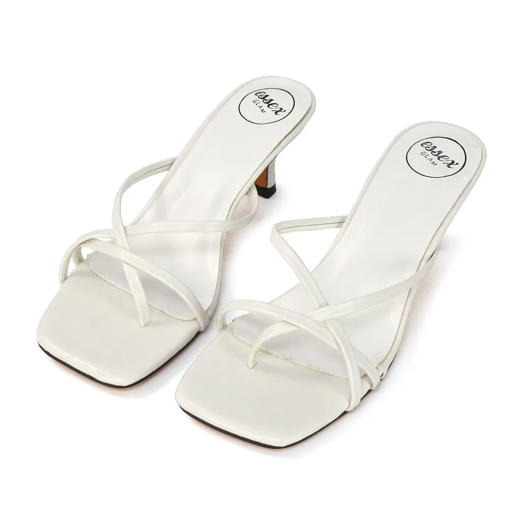 Dream Strappy Square Toe Post Low Stiletto Kitten High Heel Slip on Mule Sandals in White