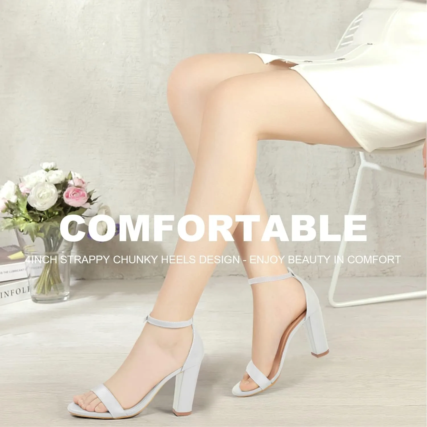 ElElax Women's 4 Inches Block High Heels Sandal, Nude Black Silver, Ankle Strap, Open Toe, for Wedding, Party, Prom