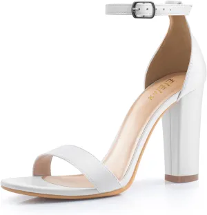 ElElax Women's 4 Inches Block High Heels Sandal, Nude Black Silver, Ankle Strap, Open Toe, for Wedding, Party, Prom