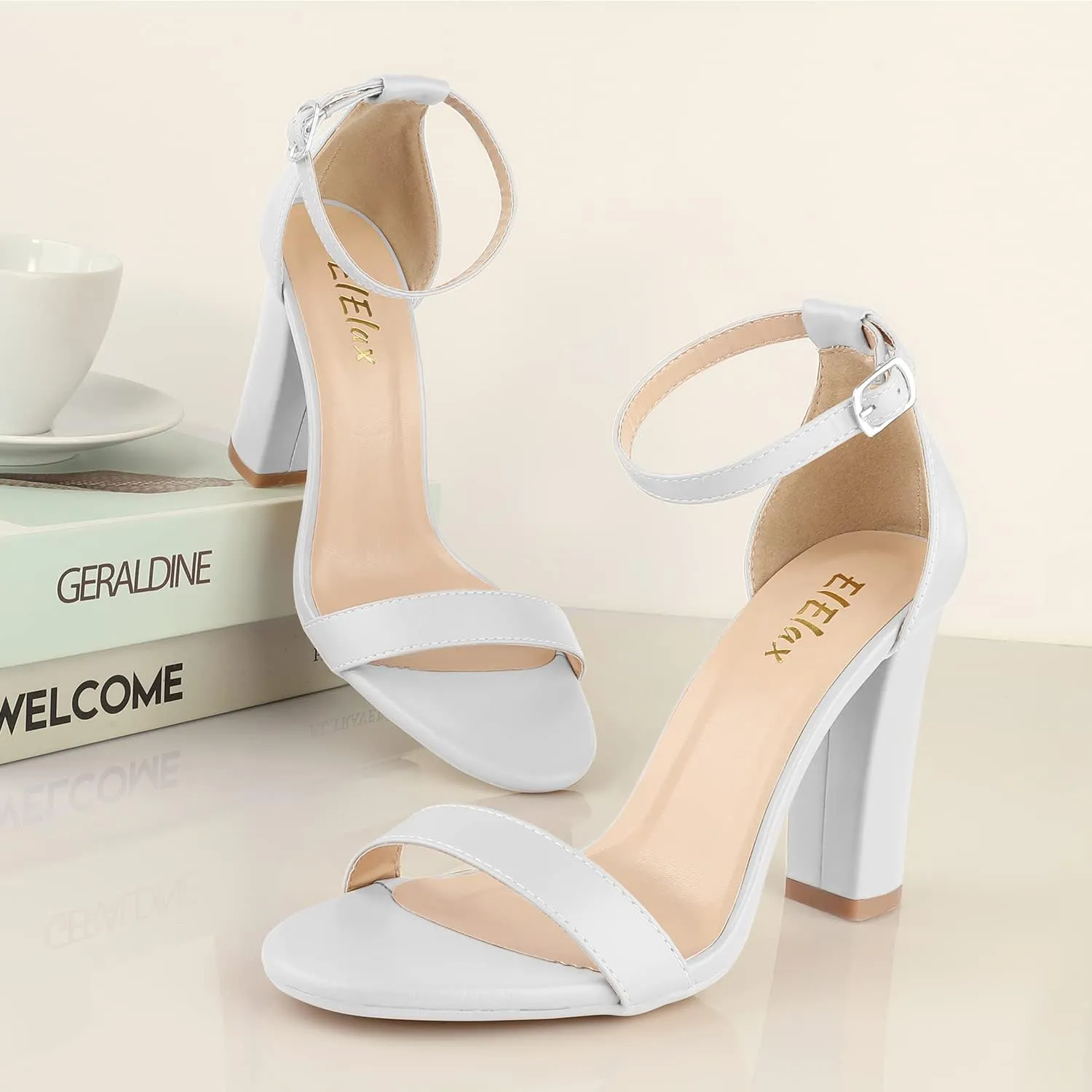 ElElax Women's 4 Inches Block High Heels Sandal, Nude Black Silver, Ankle Strap, Open Toe, for Wedding, Party, Prom