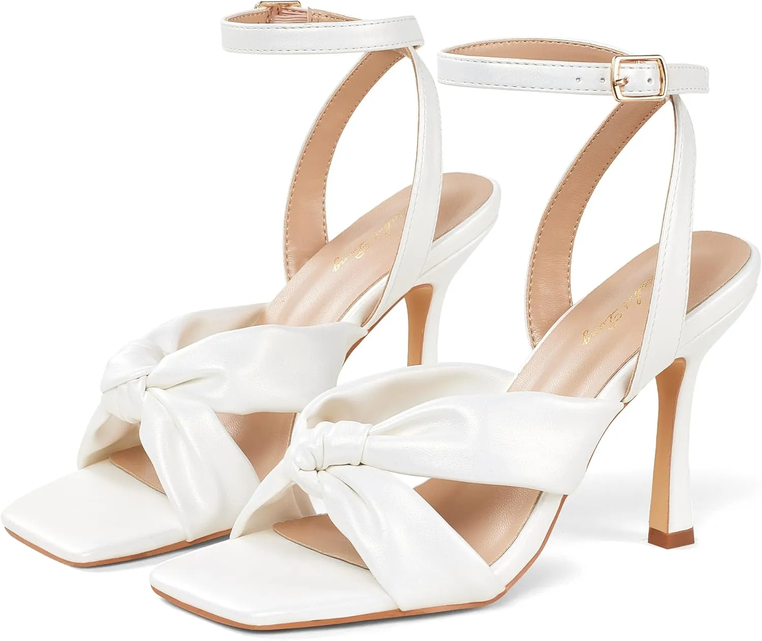 Elisabet Tang Women’s Bow Knot Stilettos Heeled Sandals, 4.3 inch Square Open Toe Strappy Sexy High Heels Ankle Buckle Strap Heels for Party Wedding Dress Daily Wear Shoes