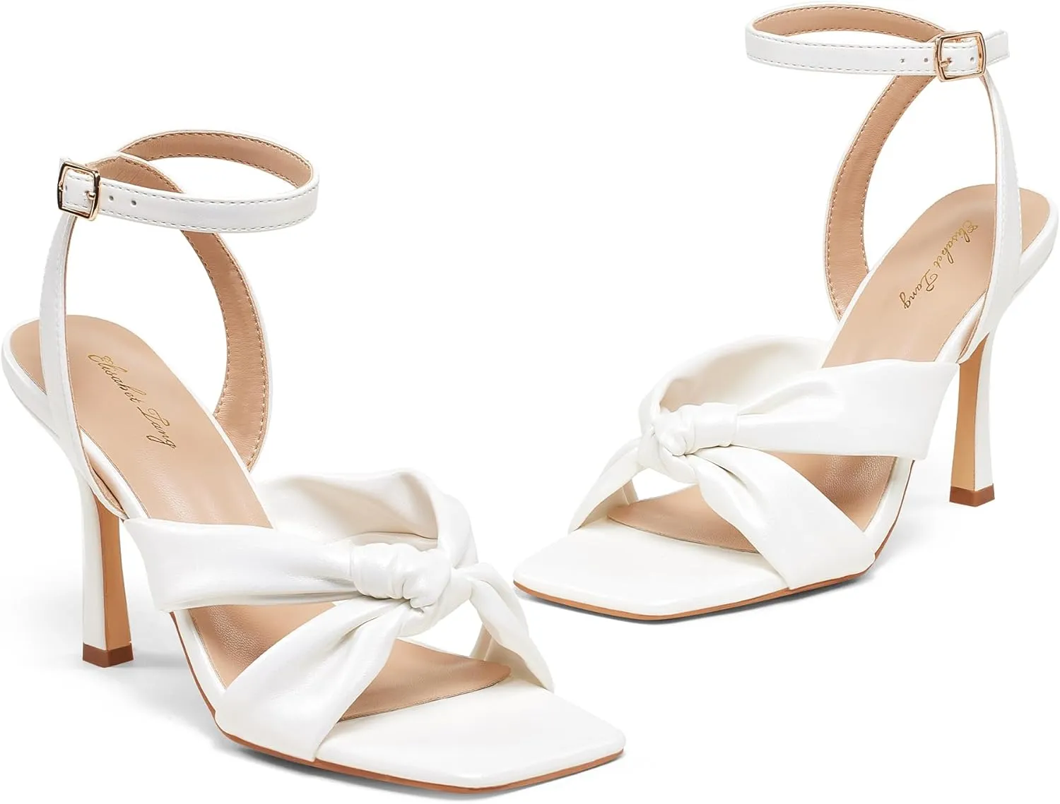 Elisabet Tang Women’s Bow Knot Stilettos Heeled Sandals, 4.3 inch Square Open Toe Strappy Sexy High Heels Ankle Buckle Strap Heels for Party Wedding Dress Daily Wear Shoes