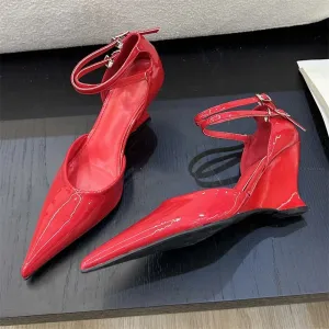 Fashion Pointed Toe Wedges Heels Women Pumps Fashion Double Buckle Strap Sandals
