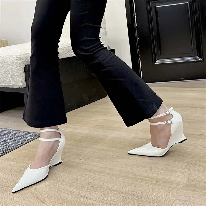 Fashion Pointed Toe Wedges Heels Women Pumps Fashion Double Buckle Strap Sandals