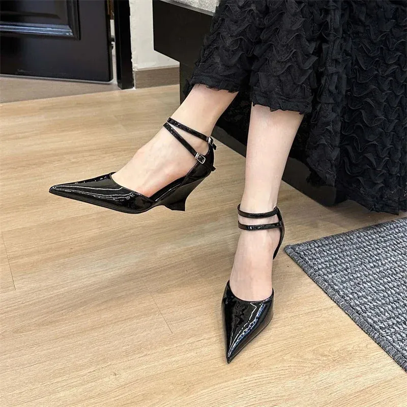 Fashion Pointed Toe Wedges Heels Women Pumps Fashion Double Buckle Strap Sandals