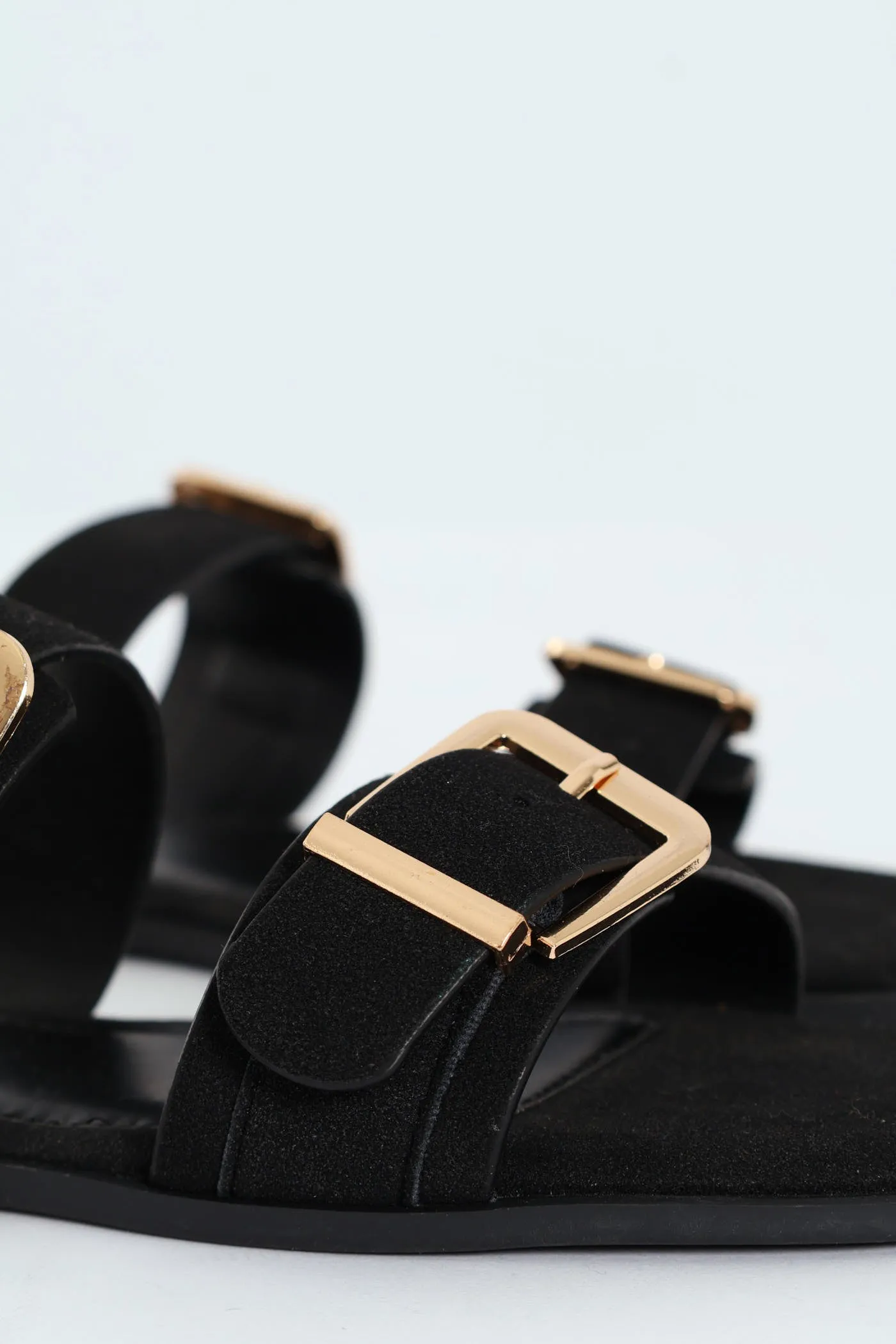 Flat Double Strap Buckle Mule Sandal - Black