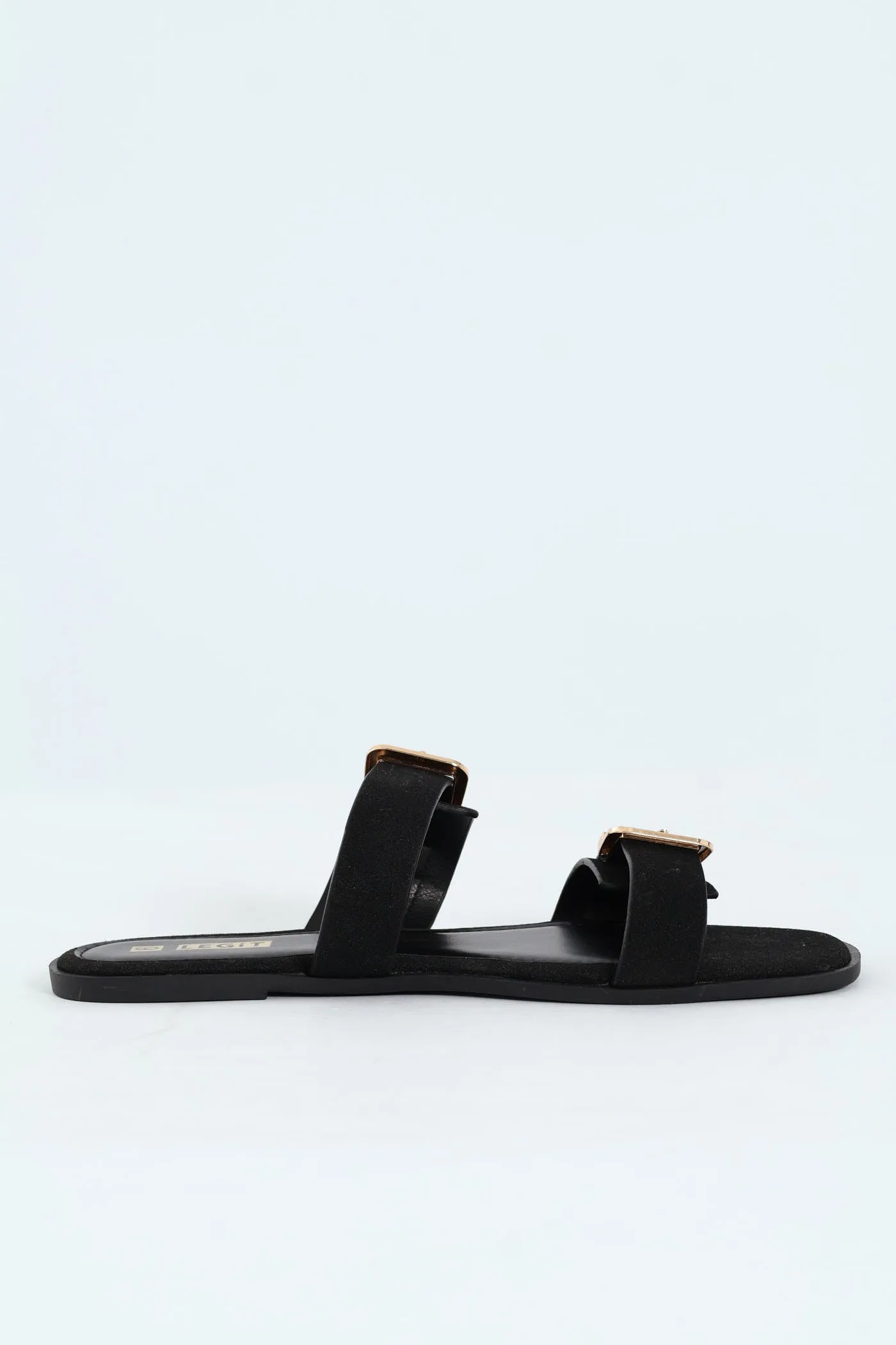 Flat Double Strap Buckle Mule Sandal - Black