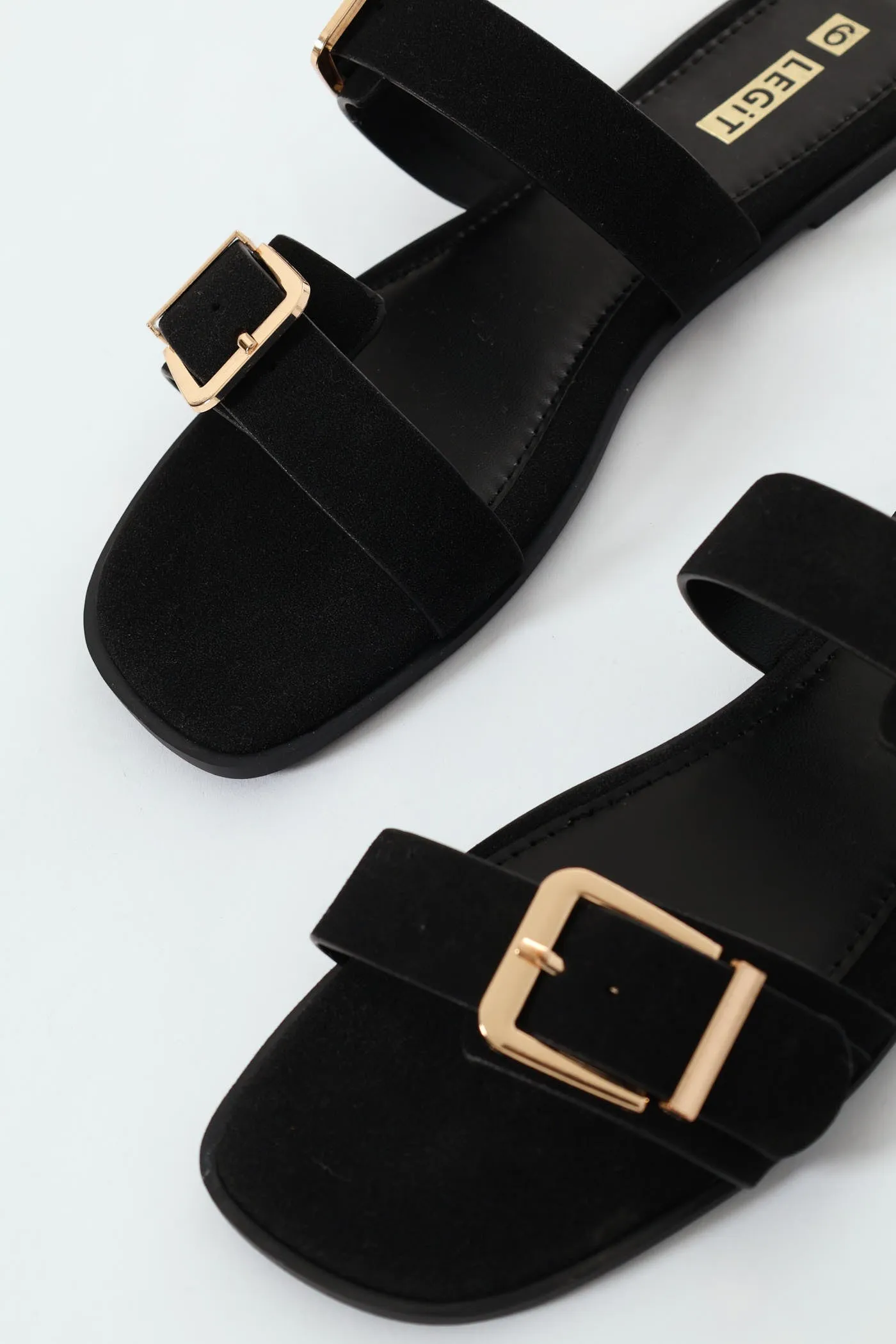Flat Double Strap Buckle Mule Sandal - Black
