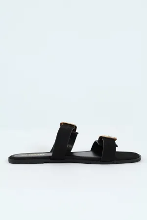 Flat Double Strap Buckle Mule Sandal - Black