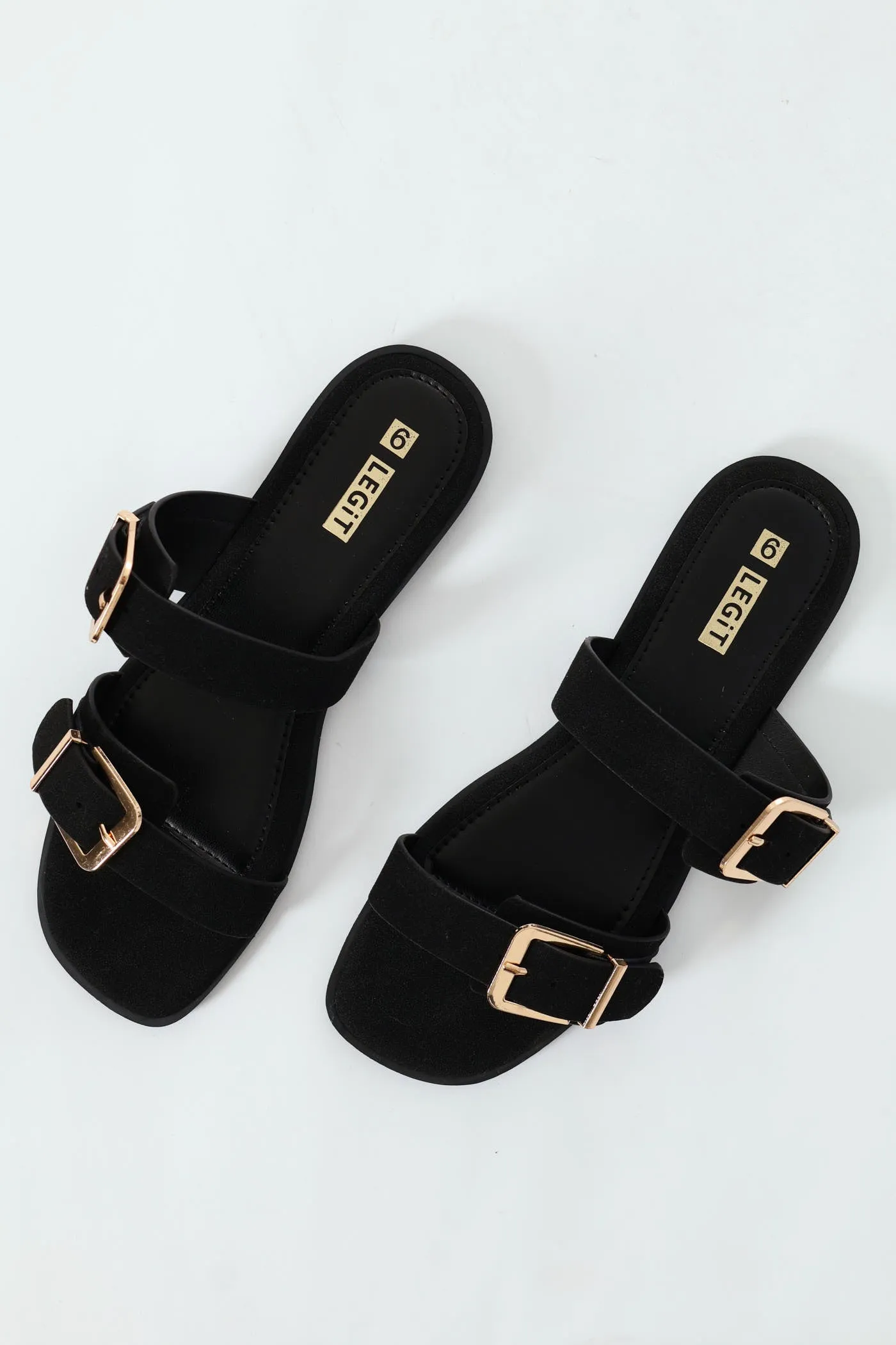 Flat Double Strap Buckle Mule Sandal - Black