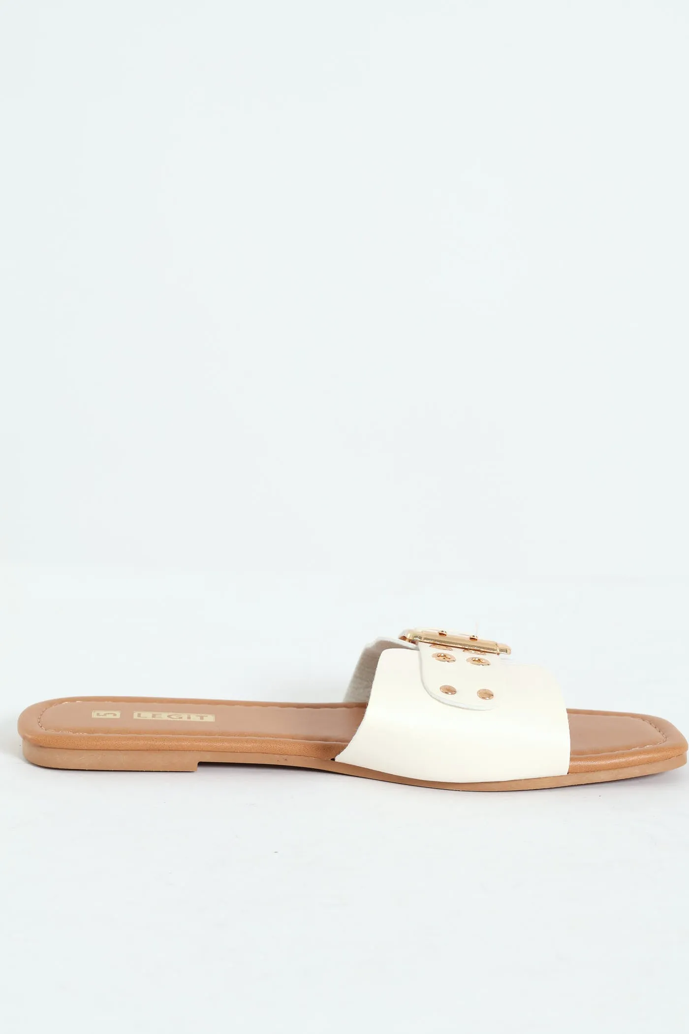 Flat One Strap Eyelets Buckle Mule Sandal - White