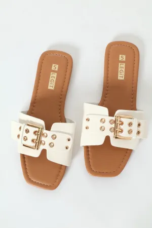 Flat One Strap Eyelets Buckle Mule Sandal - White