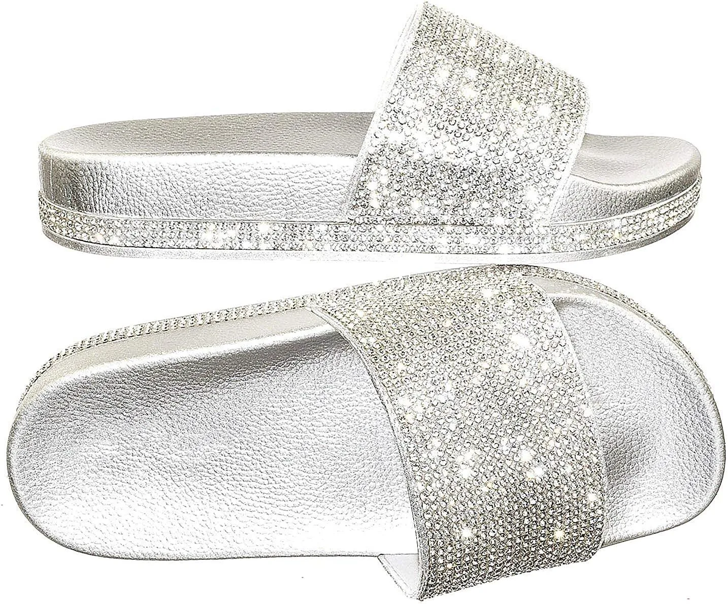 Forever Link Viste-07 Rhinestone Glitter Slide Slip On Flatform Footbed Sandal Slippers (6, Silver-07)