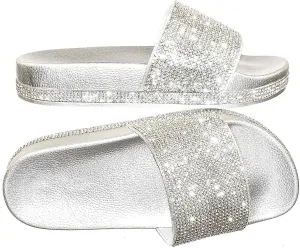 Forever Link Viste-07 Rhinestone Glitter Slide Slip On Flatform Footbed Sandal Slippers (6, Silver-07)