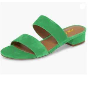 FSJ Green Comfortable Open Toe Sandals Mule Chunky Low Heel Strappy Casual Shoes