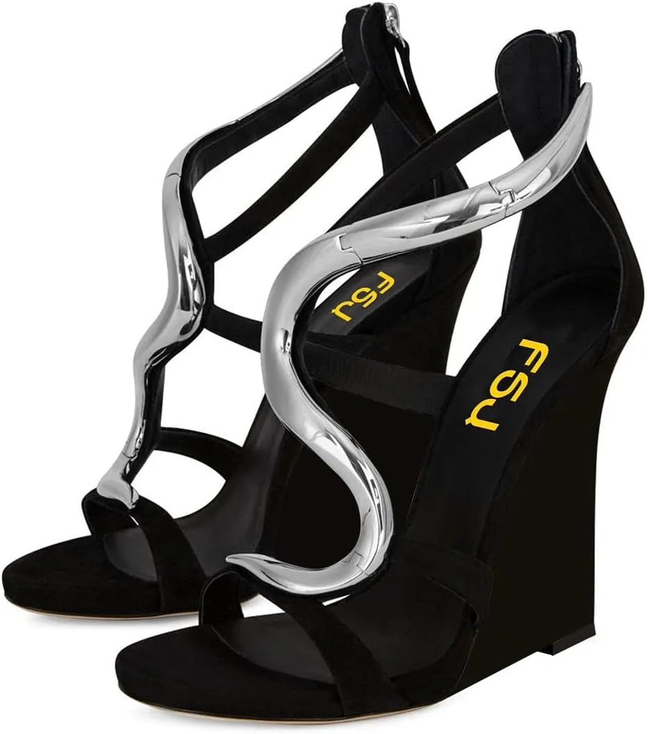 FSJ Women Open Toe Wedge Heel Sandals Metallic S Embellishment Back Zipper Strappy Party Prom Evening Shoes Size 4-16 US